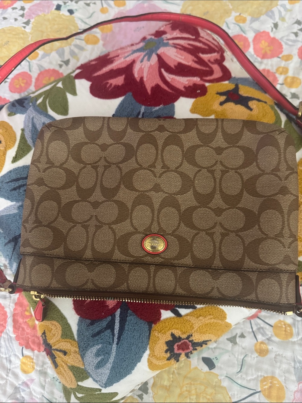 Coach Brown Signature Canvas Crossbody with Pink Strap